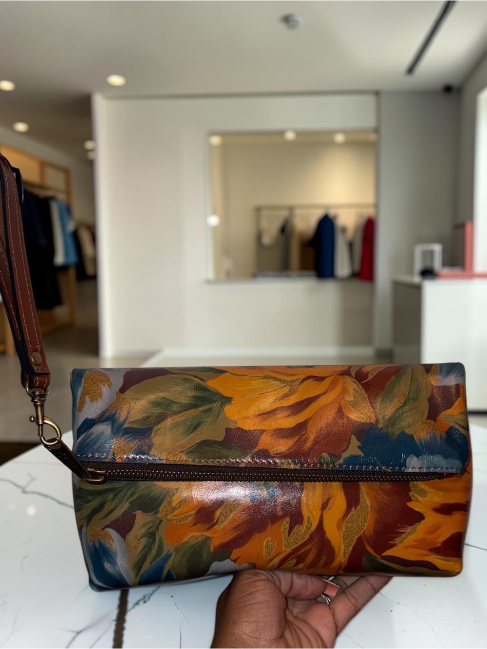 Patricia Nash Floral Painted Leather Clutch in Orange, Brown, Blue, Gold - Picture 2 of 8